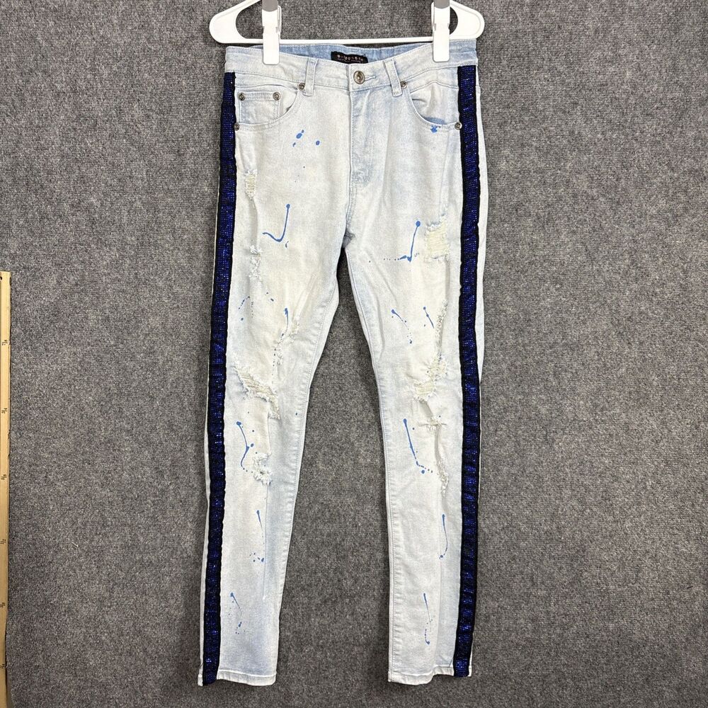 M. SOCIETY  Politically Incorrect Jeans Mens Size 32 Blue Rhinestone Paint Slim